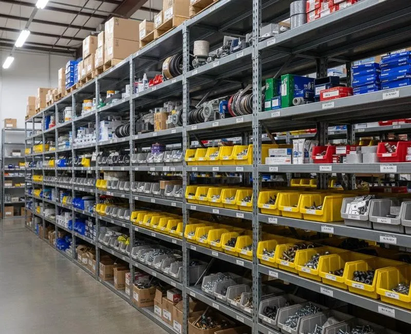 Bodega con estanterías de repuestos y componentes industriales